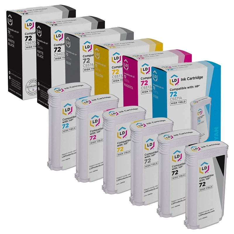 LD Products Compatible Replacements for HP 72#72 Ink Cartridge High Yield for Use in Designjet T1100, T1120, T1200, T610, T620, T770 T1200ps (Photo Black, Matte Black, Cyan, Magenta, Yellow, 6-Pack) - Image 1